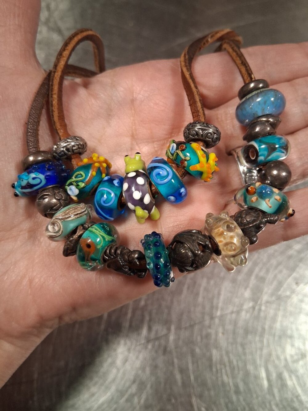 rare vintage original trollbeads with leather necklace 24 beads sea creatures